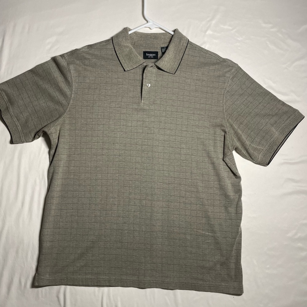 Haggar Polo Shirt Men's Large Short Sleeve Cotton Beige Check Casual